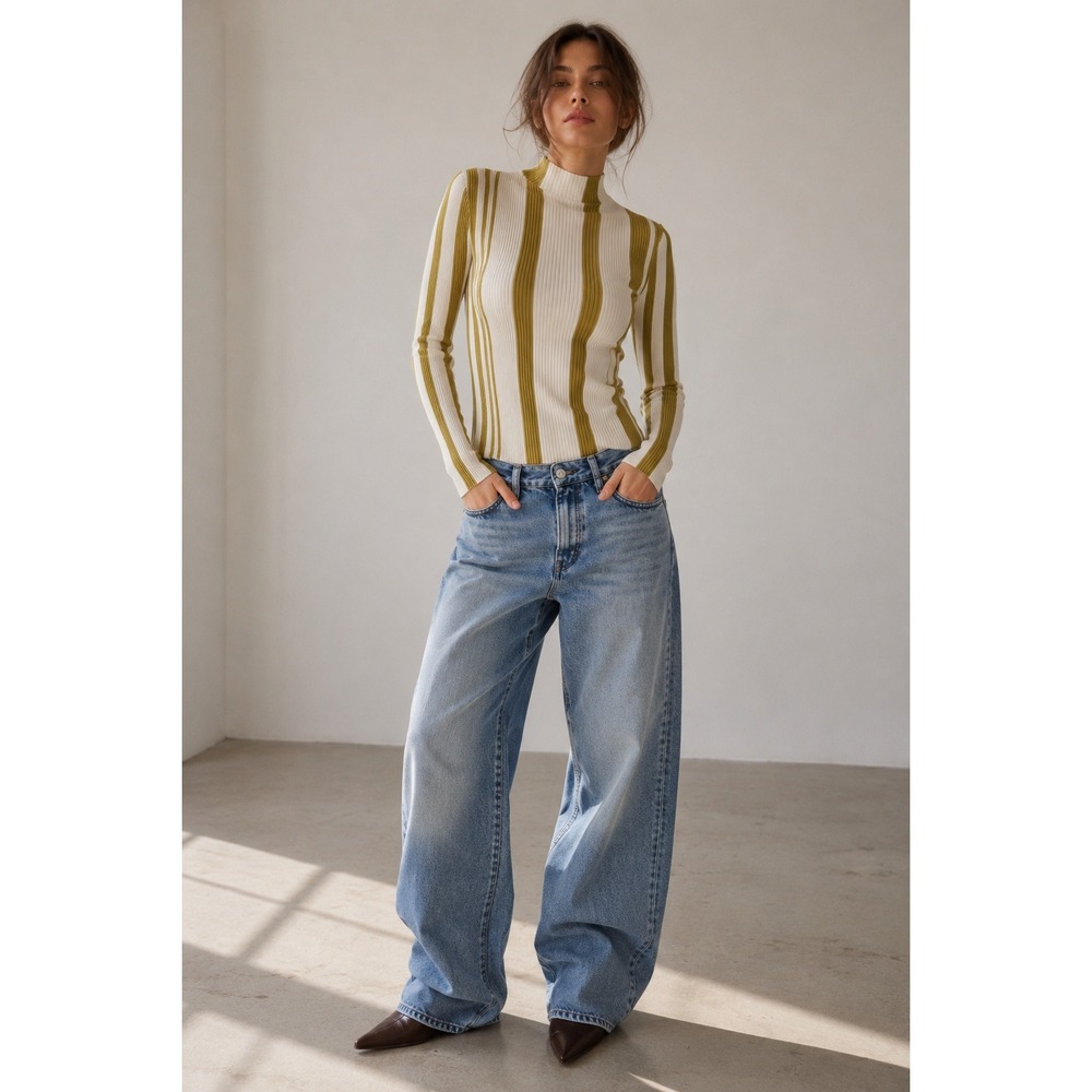 Milk & Honey Ivory Olive Stripe Ribbed Mock Neck Sweater Top L Mod Retro Skandi